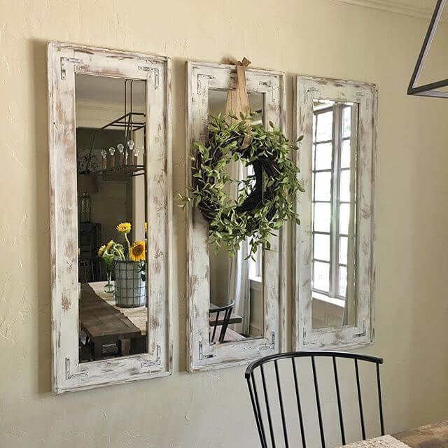 Triad of Narrow Whitewashed Mirrors Accented with Eucalyptus Wreath