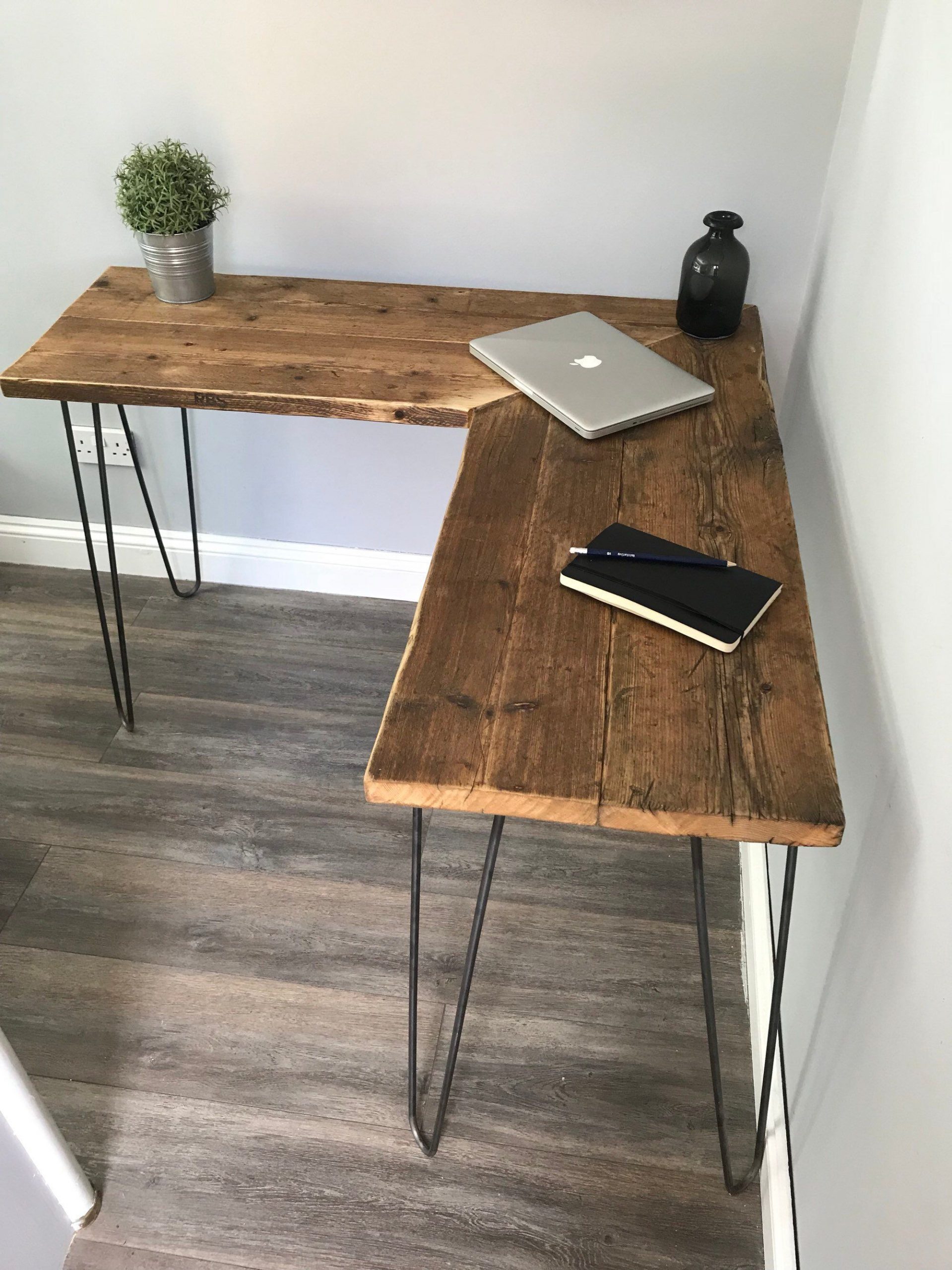 VICTORIA- Modern Rustic Industrial Reclaimed Scaffold Board Corner Desk With Hairpin Legs