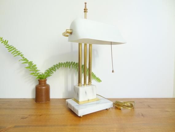 White Marble & Brass Vintage Banker's Desk Lamp, Mid Century Modern