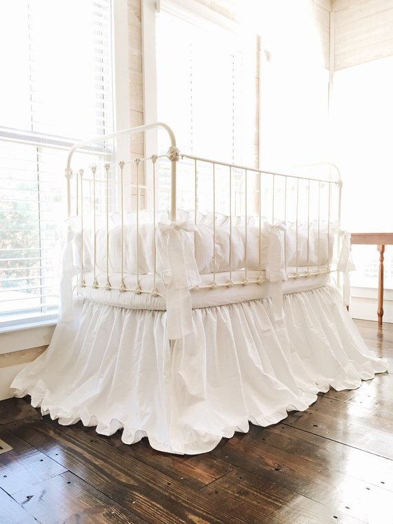 White Ruffled Crib Bedding Set, White Crib Bumpers, White Crib Skirt, Crib Bedding Girl, Baby Boy Bedding, White Nursery Decor