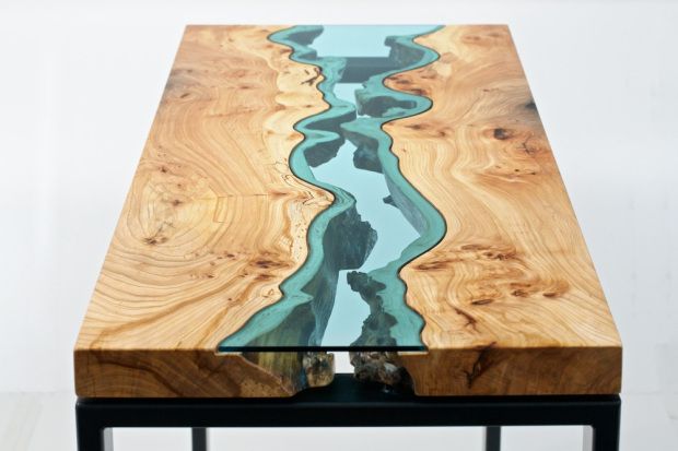 Wooden Furniture With Glass Embedded To Look Like Rivers & Lakes by Greg Klassan