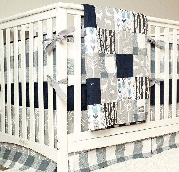 Woodland Nursery Bedding Set, Deer Crib Bedding, Navy Blue, Gray Arrow, Plaid Baby Boy Crib Bedding
