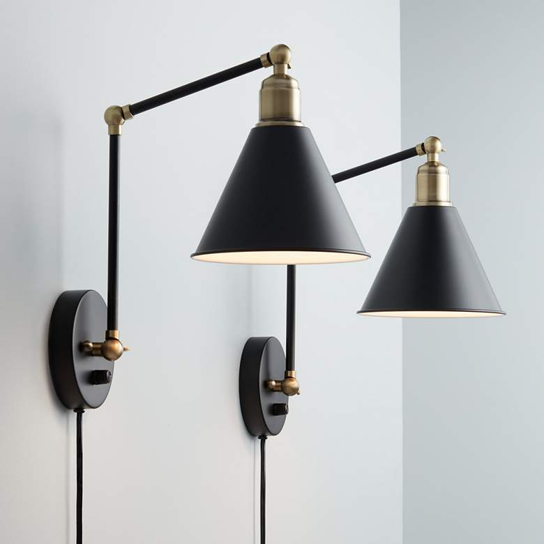Wray Black and Antique Brass Plug-In Wall Lamp Set of 2 – #9J684 | Lamps Plus