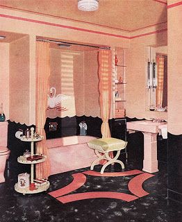 chloe illustrates: 1950s bathroom suites.. The black flooring and pink walls is …