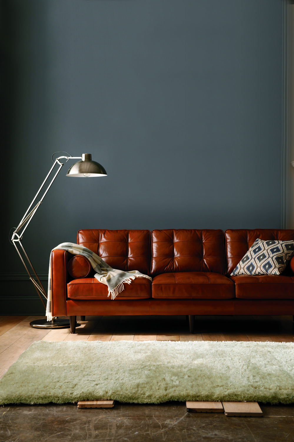 darrin leather sofa, industrial jointed floor lamp                              …