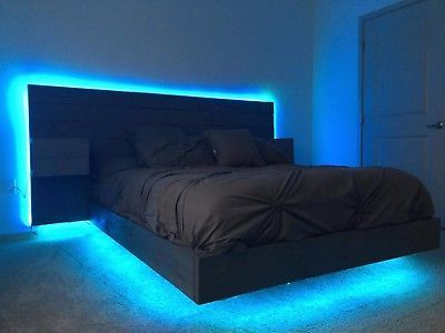 hand made floating platform bed with lighted headboard and night stands  | eBay