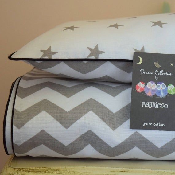 pure COTTON Cot Bed Duvet Cover Set & Fitted Sheet Grey Chevron Stars with black piping nursery
