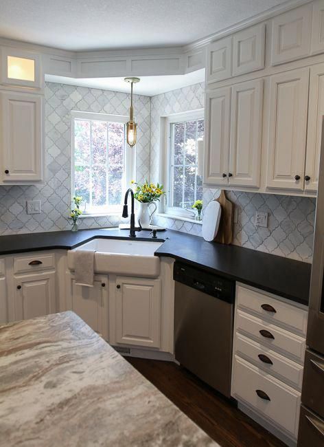 white modern farmhouse kitchen with corner apron sink | suburban bitches #kitche…