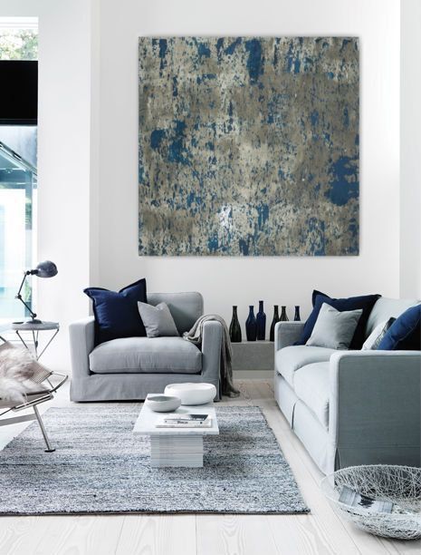 Large abstract painting teal blue navy grey gray white canvas art .