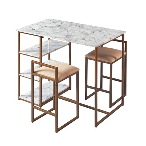 Marmo Breakfast Table Dining Set With Faux Marble Top Brass Finish .