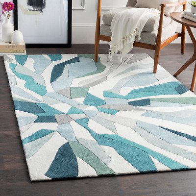 Contemporary Abstract Hand Tufted Carved Teal Blue Area Rug **FREE .
