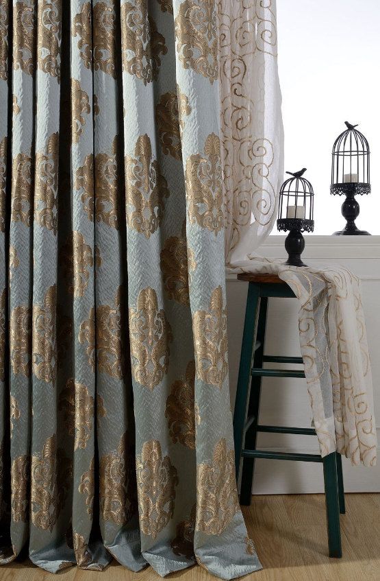 Blue Gold Damask Curtains Made to Order 51 W or by HereIsTheShop .