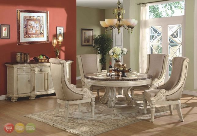 Halyn Round Traditional Antique White Formal Dining Room Set .