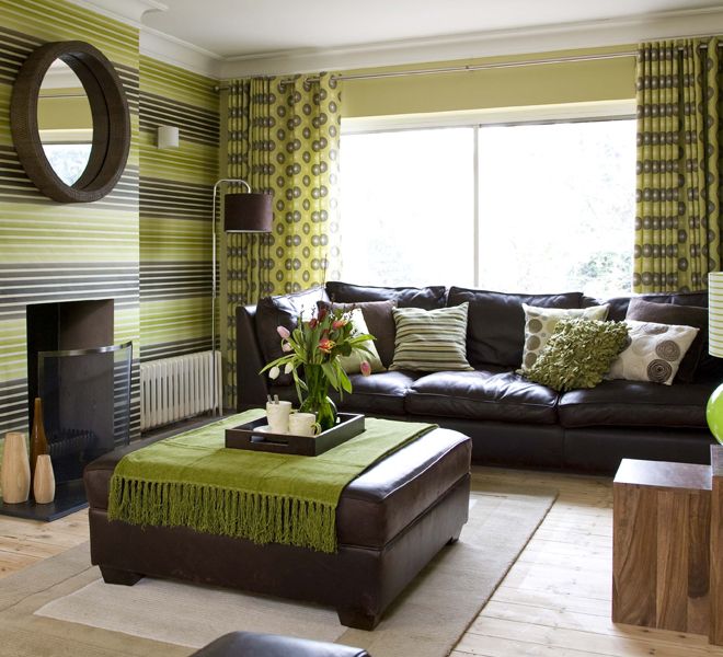 Creating a combination between green and brown color furnitures .