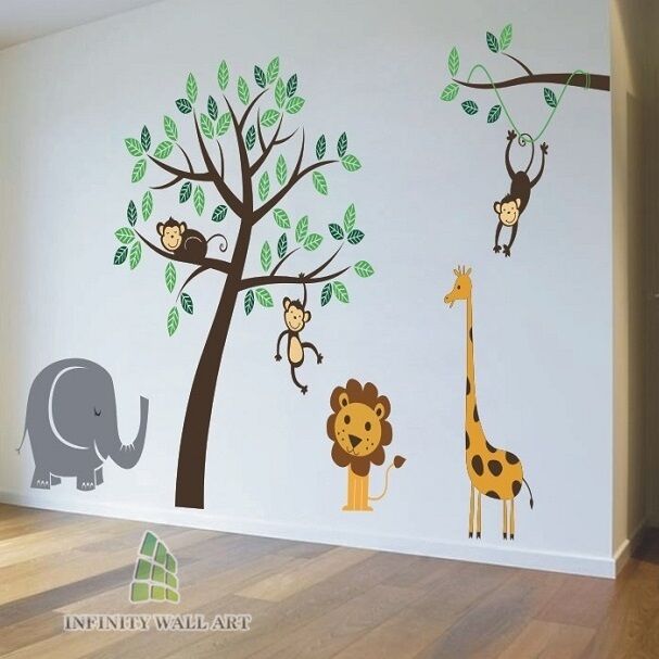 Nursery Wall Stickers Animal Friends Jungle Safari Tree Kids wall .