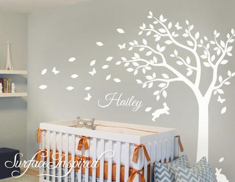 Nursery Wall Decals Stickers Large Summer Tree with Custom Name .