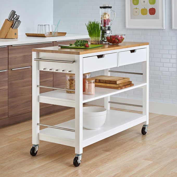 Trinity 48” Bamboo Kitchen Cart with Drawers, Whi