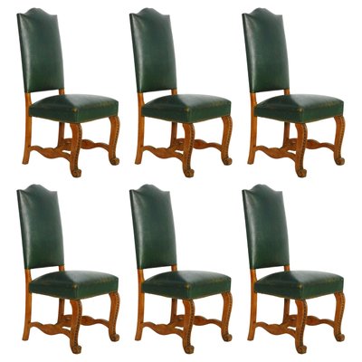 French Green Leather Dining Chairs, 1920s, Set of 6 for sale at Pamo