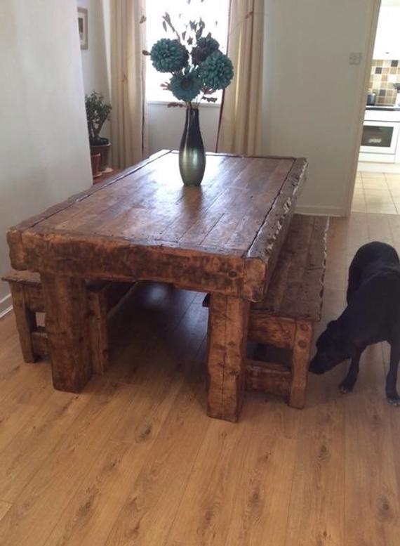Rustic handmade oak dining table & 2 benches made from old | Et