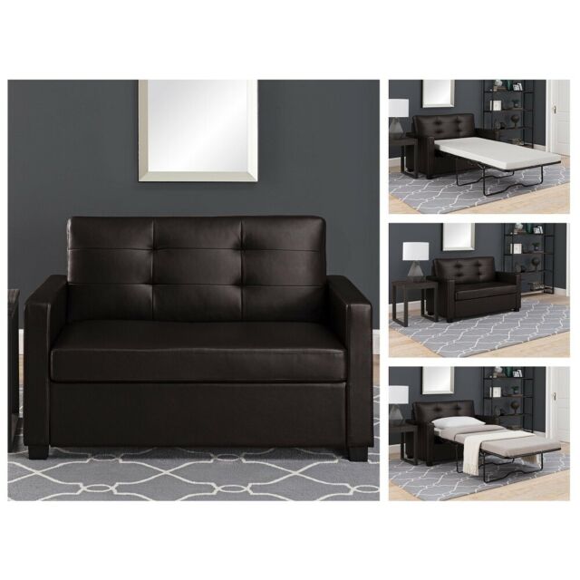 Loveseat Sofa Sleeper Convertible Brown Leather Couch Modern Pull .