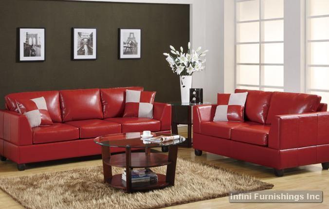 Bobkona Leather Red Sofa and Love Seat Set F73