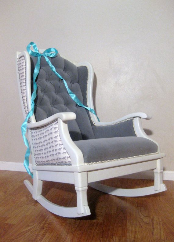 Antique Vintage Nursery Rocker Rocking Chair White Grey Velvet .