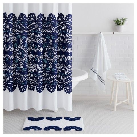 Shower Curtain Sabrina Soto Lace White Navy Turquoise | Blue .