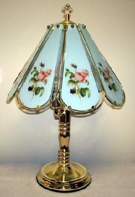 8 Panel Table Touch Lamp Tiffany Antique Rose with Brass Base .