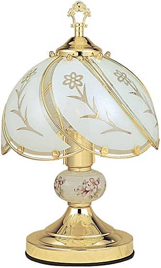 Ore International K313 White Glass Floral Touch Lamp, Brushed Gold .