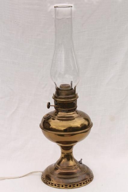vintage brass lamp w/ glass chimney, old oil lamp converted to .